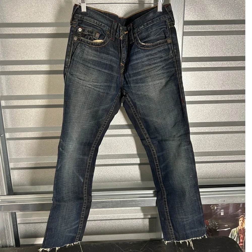 True Religion Geno Jeans Mens 30 Blue Relaxed Slim Dark Wash Raw Hem Streetwear